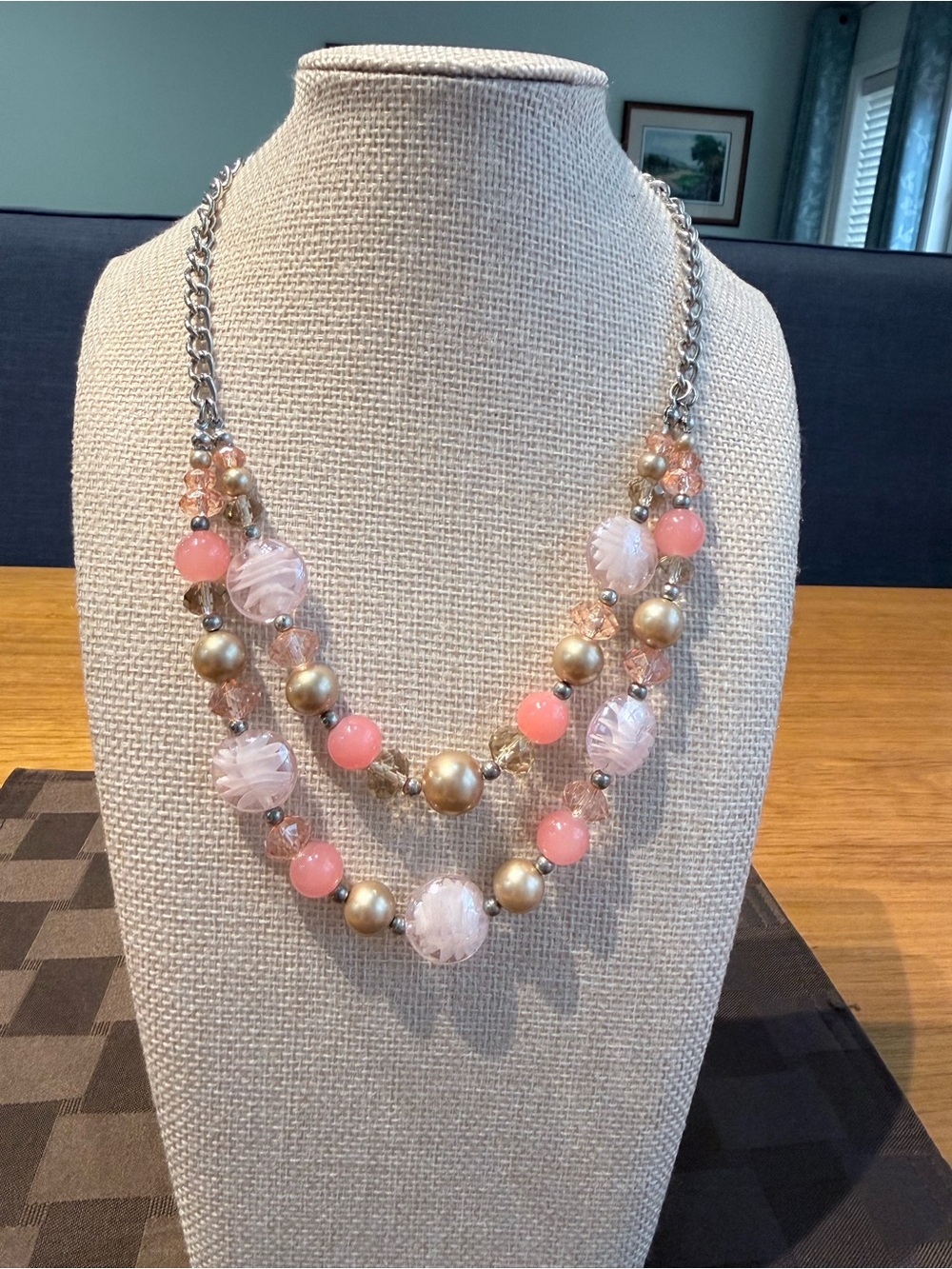 Vintage Peach Pink & Gold Multi-Strand Beaded Statement Necklace
20.5"